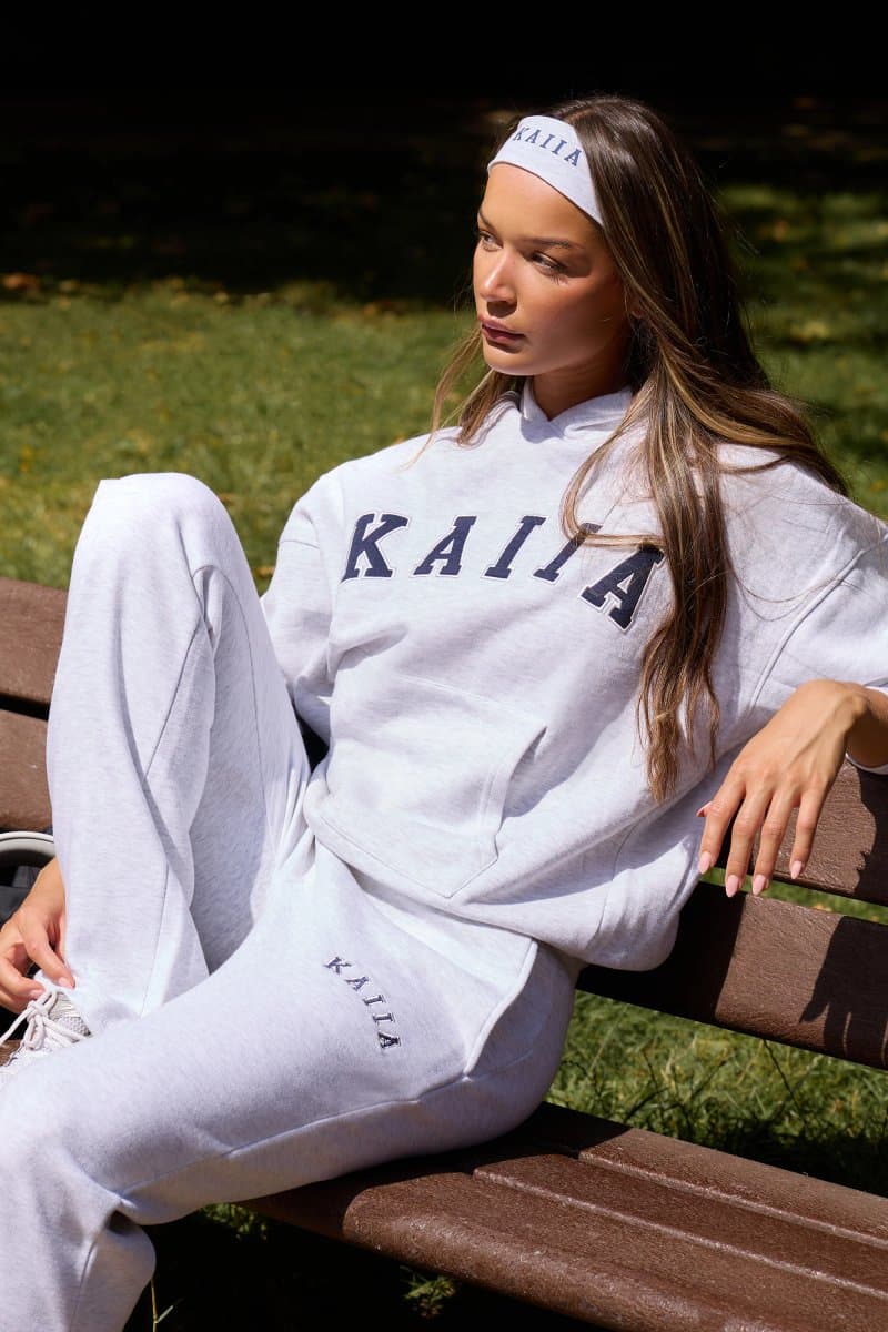 Kaiia Kaiia Slogan Oversized Hoodie Light Grey Marl & Navy