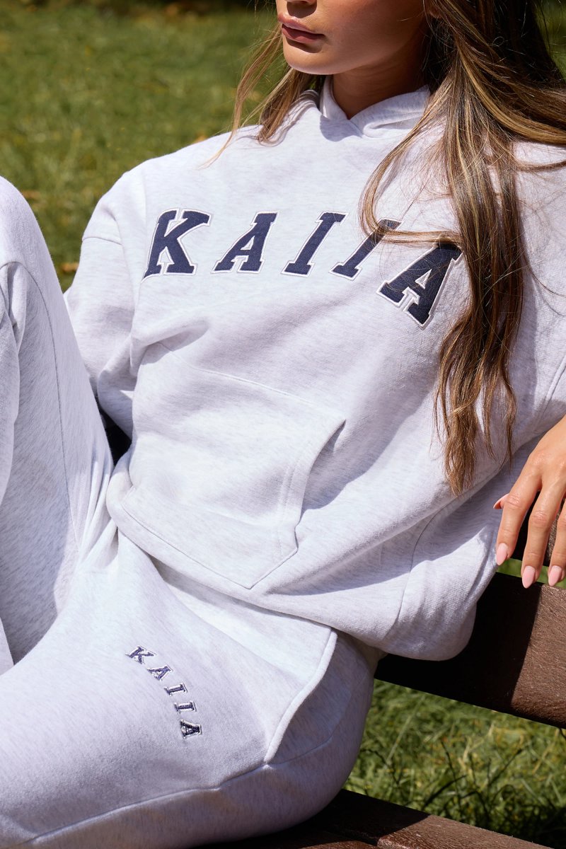 Kaiia Kaiia Slogan Oversized Hoodie Light Grey Marl & Navy - 4