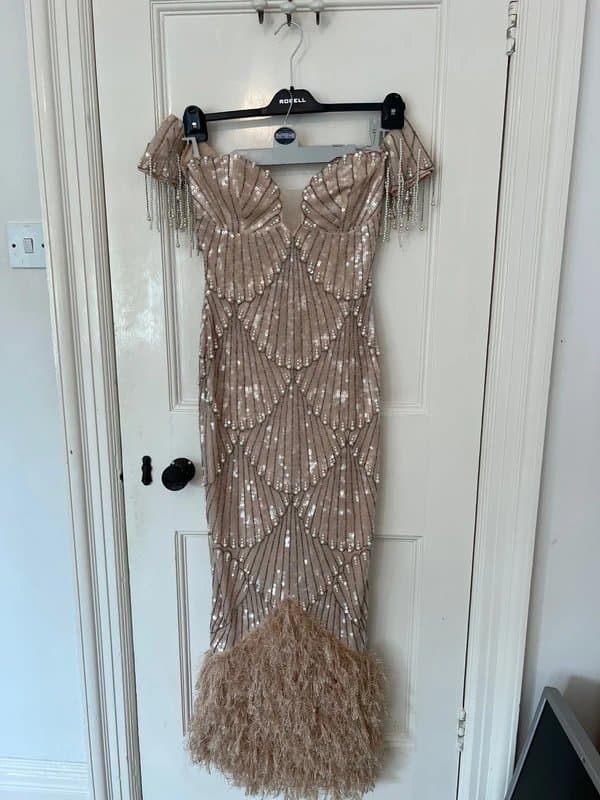 ASOS ASOS Luxe Sequin Pearl Feather Mermaid pink long gown dress size 10