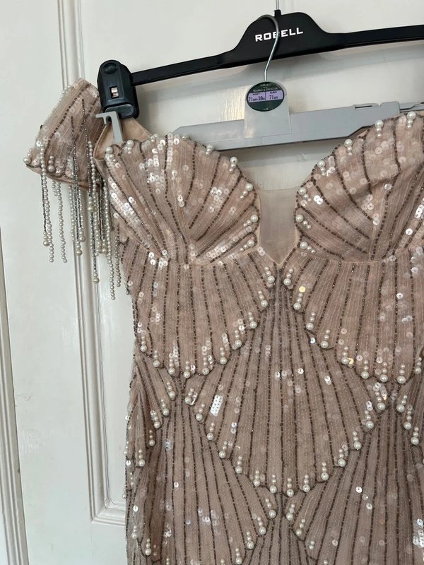 ASOS ASOS Luxe Sequin Pearl Feather Mermaid pink long gown dress size 10 - 2