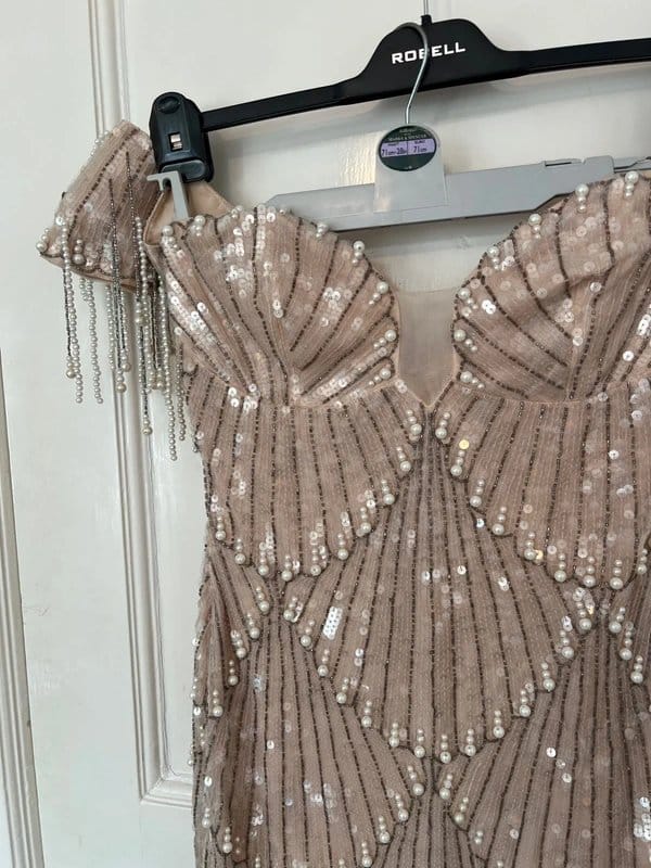 ASOS ASOS Luxe Sequin Pearl Feather Mermaid pink long gown dress size 10 - 2