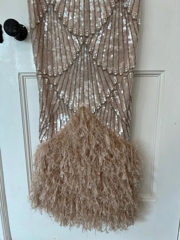 ASOS ASOS Luxe Sequin Pearl Feather Mermaid pink long gown dress size 10 - 3