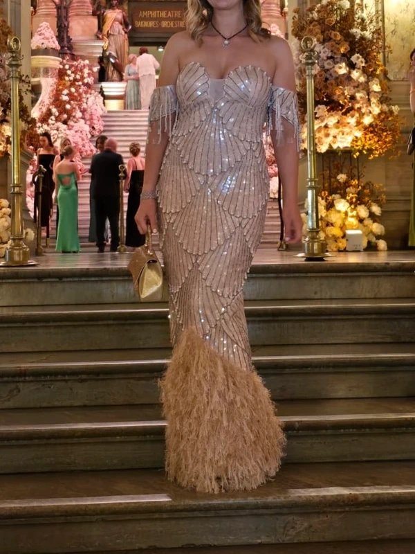 ASOS ASOS Luxe Sequin Pearl Feather Mermaid pink long gown dress size 10 - 4