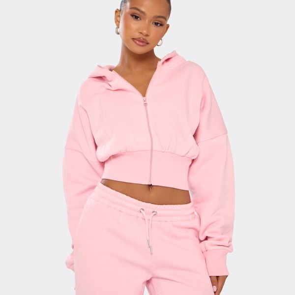 EGO Zip Through Cropped Hoodie In Baby Pink, Women's Size UK 6 - 2