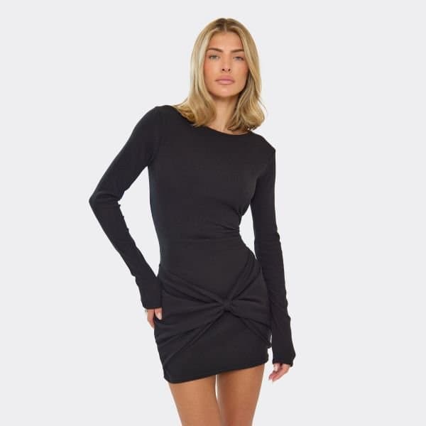 EGO Long Sleeve Bow Front Detail Mini Dress In Black Brushed Rib, Women's Size UK 8