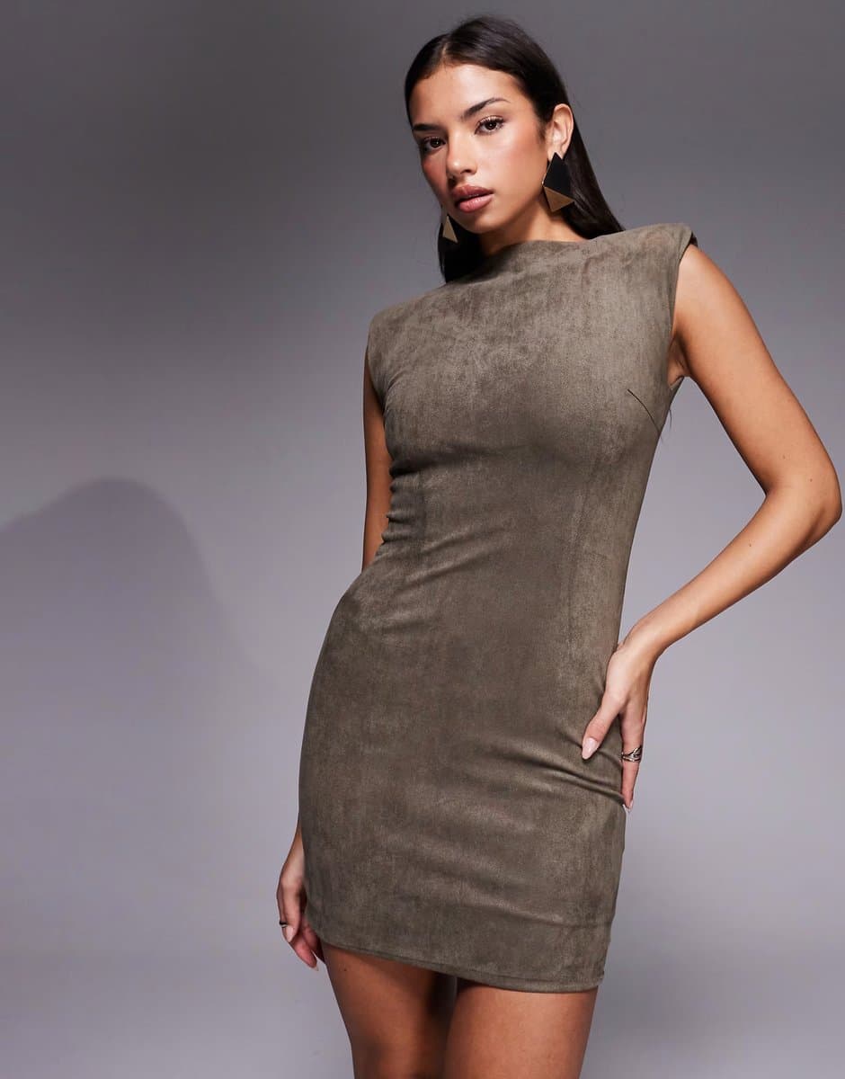 ASOS Wanderdoll faux suede padded shoulder fitted bodycon mini dress co-ord in taupe