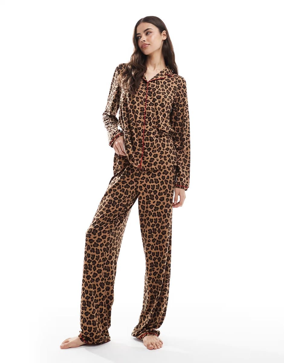 ASOS Urban Threads Tall long sleeve revere and trouser pyjama set in leopard print