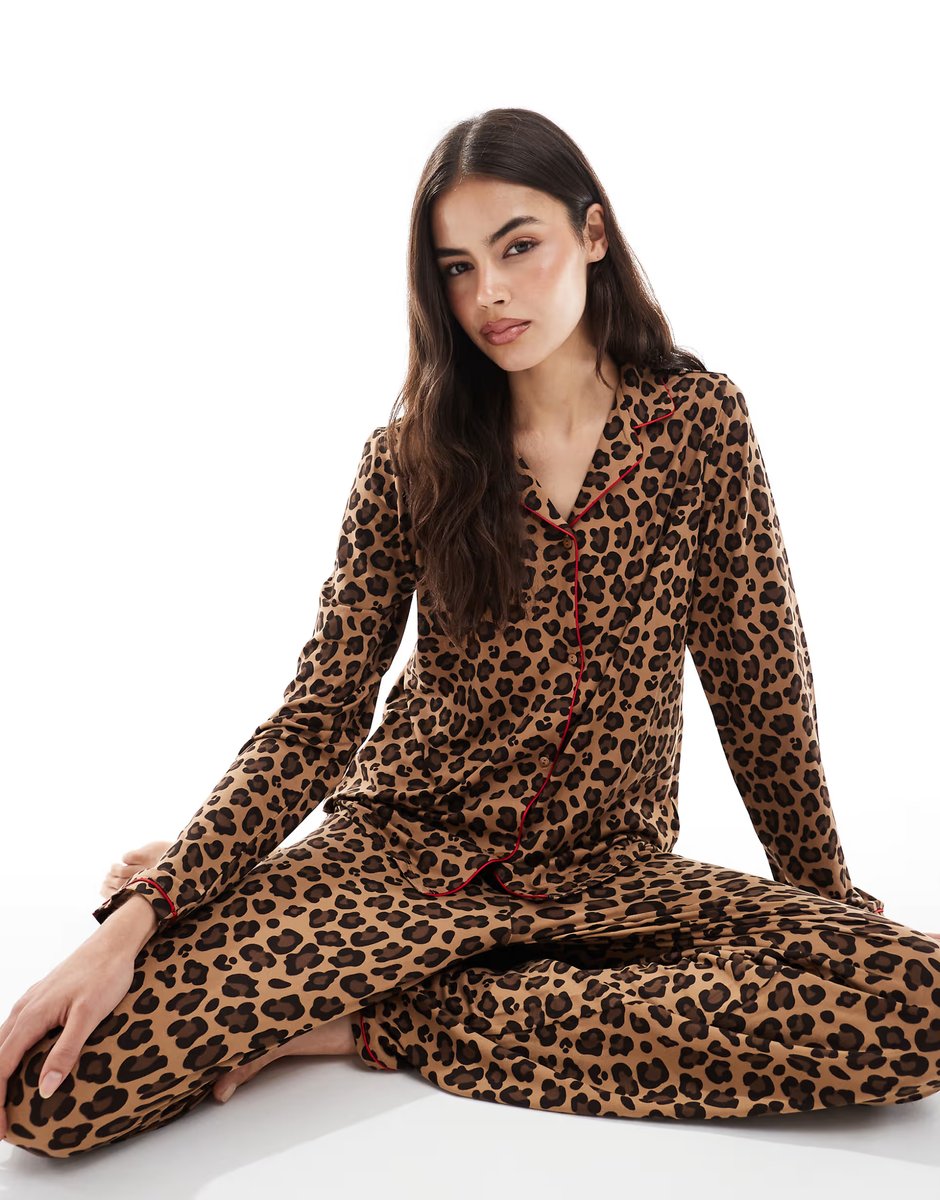 ASOS Urban Threads Tall long sleeve revere and trouser pyjama set in leopard print - 2