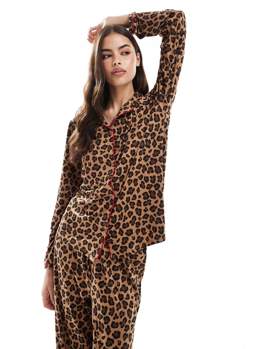 ASOS Urban Threads Tall long sleeve revere and trouser pyjama set in leopard print - 3