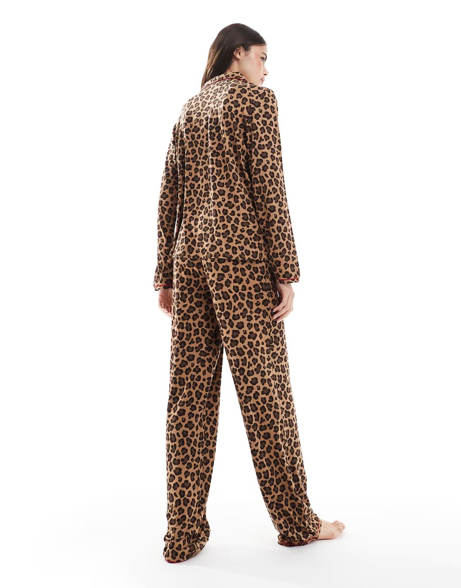 ASOS Urban Threads Tall long sleeve revere and trouser pyjama set in leopard print - 4