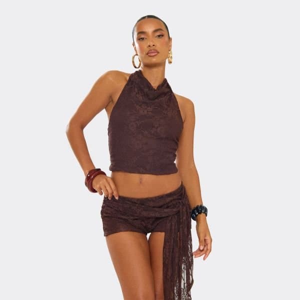 EGO Halterneck Open Back Detail Top In Brown, Women's Size UK 10