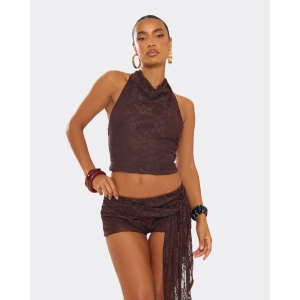 EGO Halterneck Open Back Detail Top In Brown, Women's Size UK 10 - 2