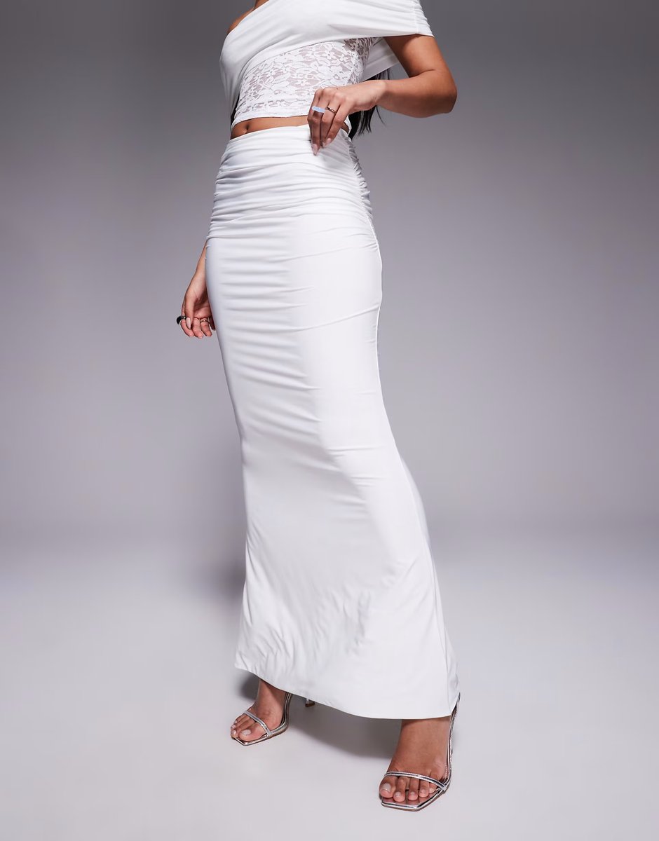 ASOS Missyempire double sculpted slinky ruched side detail fishtail maxi skirt co-ord in white - 2