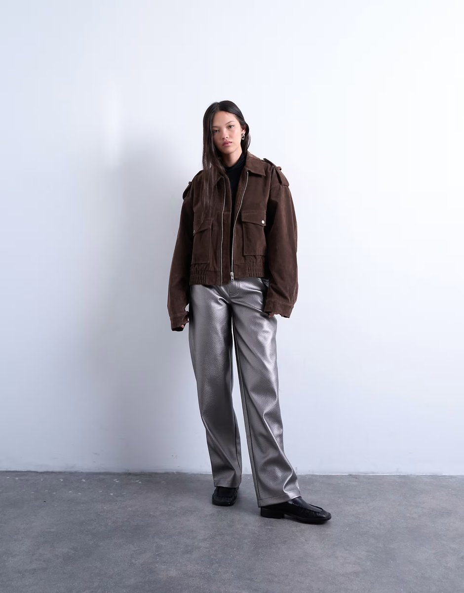 ASOS Topshop faux leather metallic cinch trouser in silver - 4