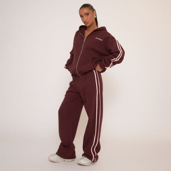 EGO Oversized Mid Rise Contrast Stripe Wide Leg Joggers In Brown, Women's Size UK 4 - 1
