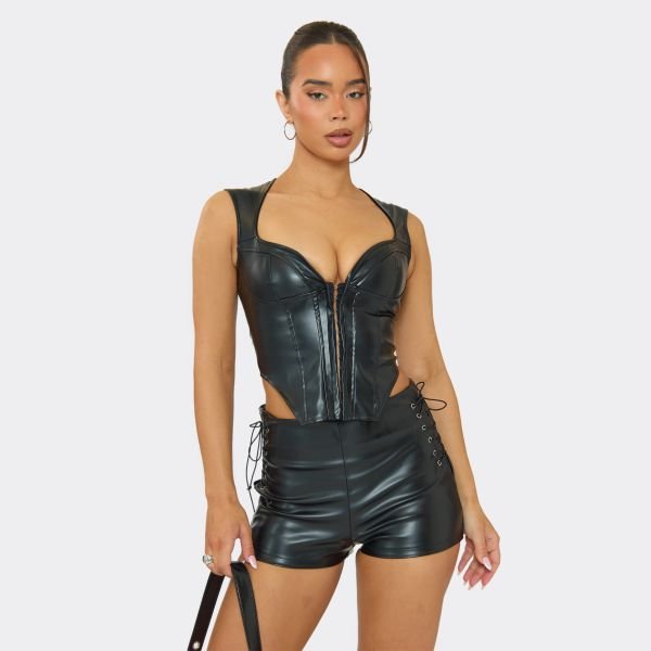 EGO Capped Sleeve Plunge Neck Corset Top In Black Faux Leather, Women's Size UK Large L - 2