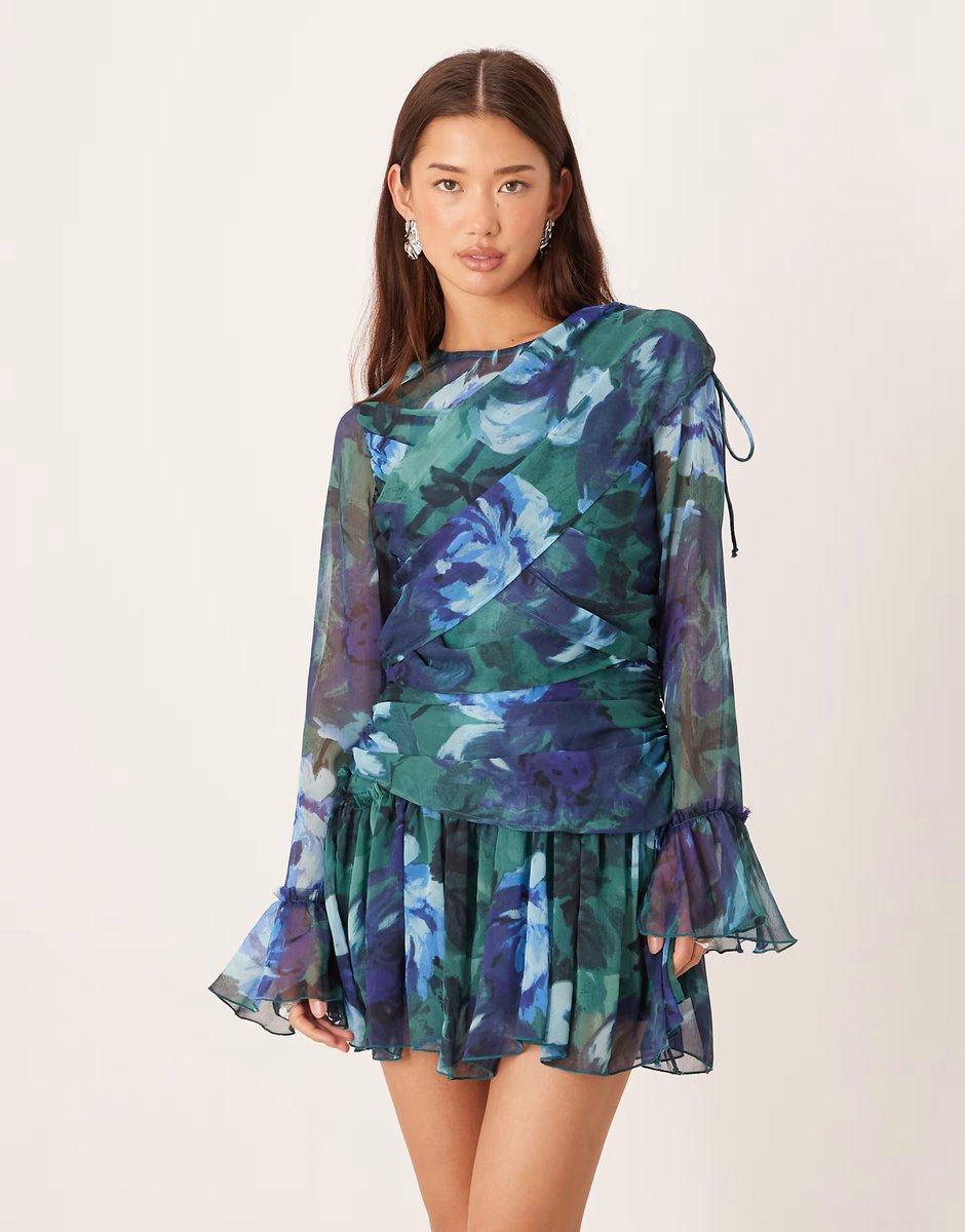 ASOS ASOS DESIGN long sleeved drape frill mini dress in blown up blue floral print - 3