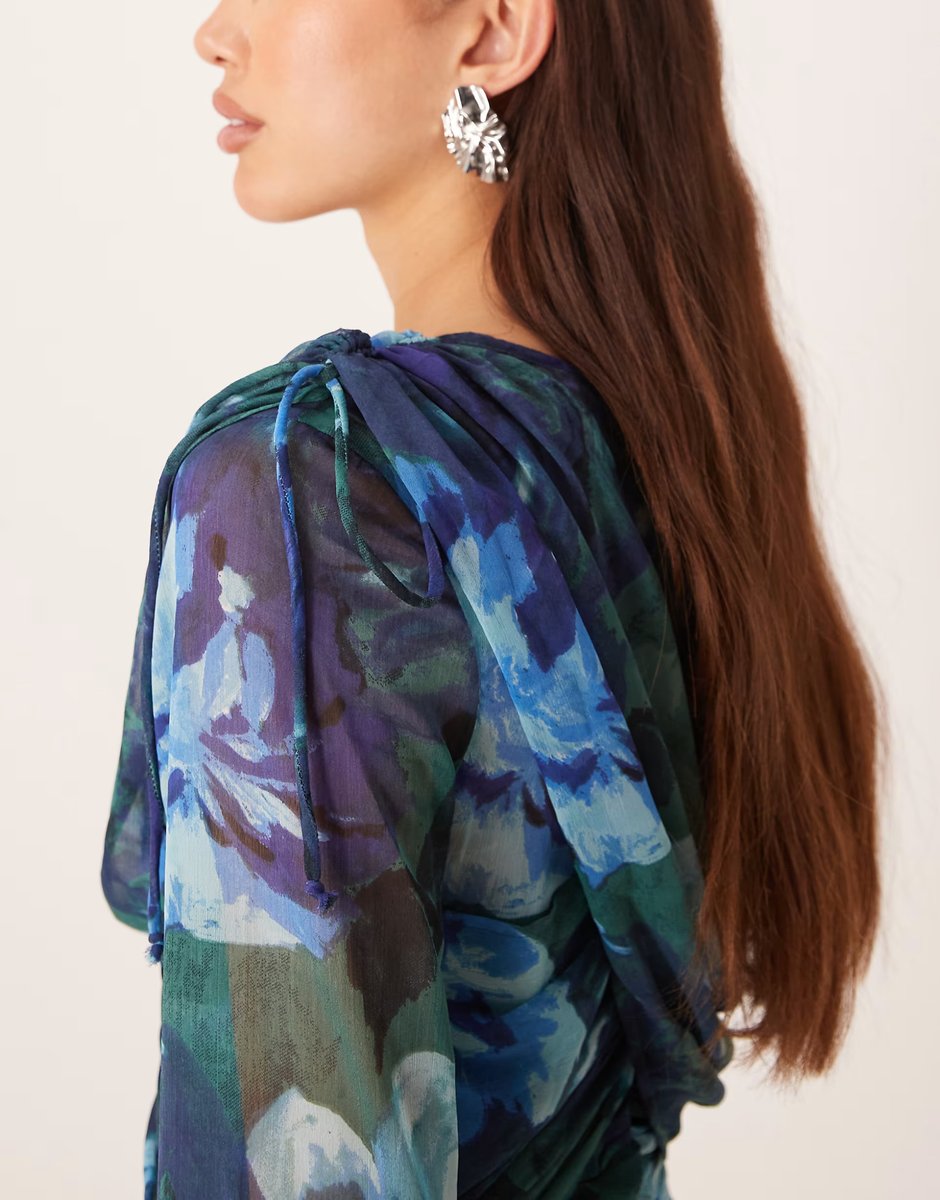 ASOS ASOS DESIGN long sleeved drape frill mini dress in blown up blue floral print - 4