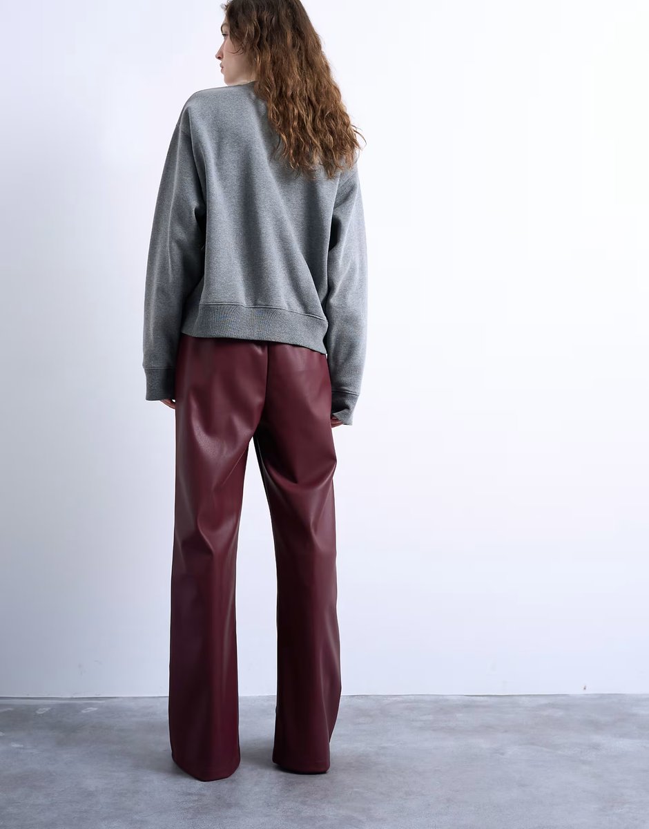 ASOS Topshop faux leather wide leg jogger with pinseam detail in burgundy - 2