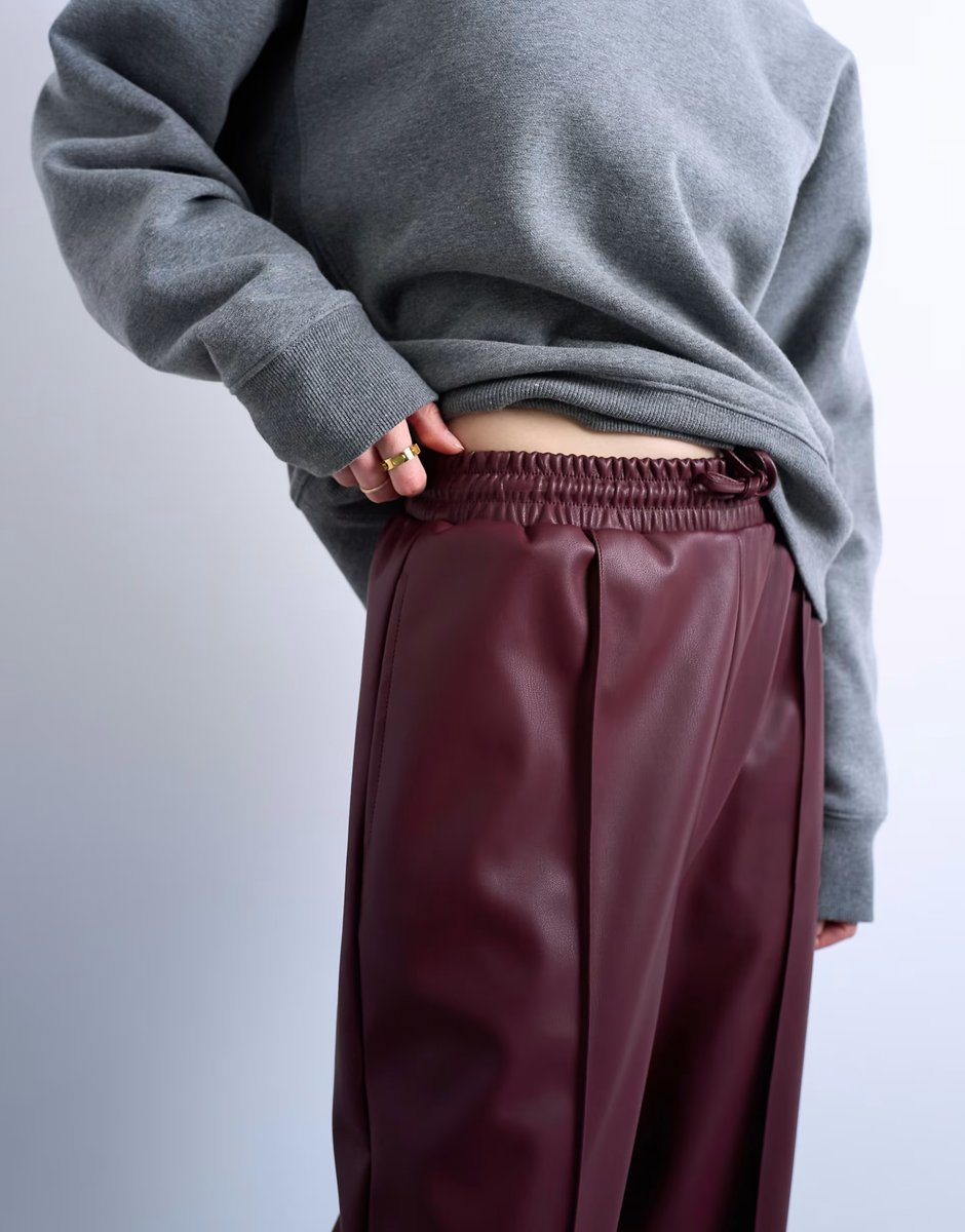 ASOS Topshop faux leather wide leg jogger with pinseam detail in burgundy - 3