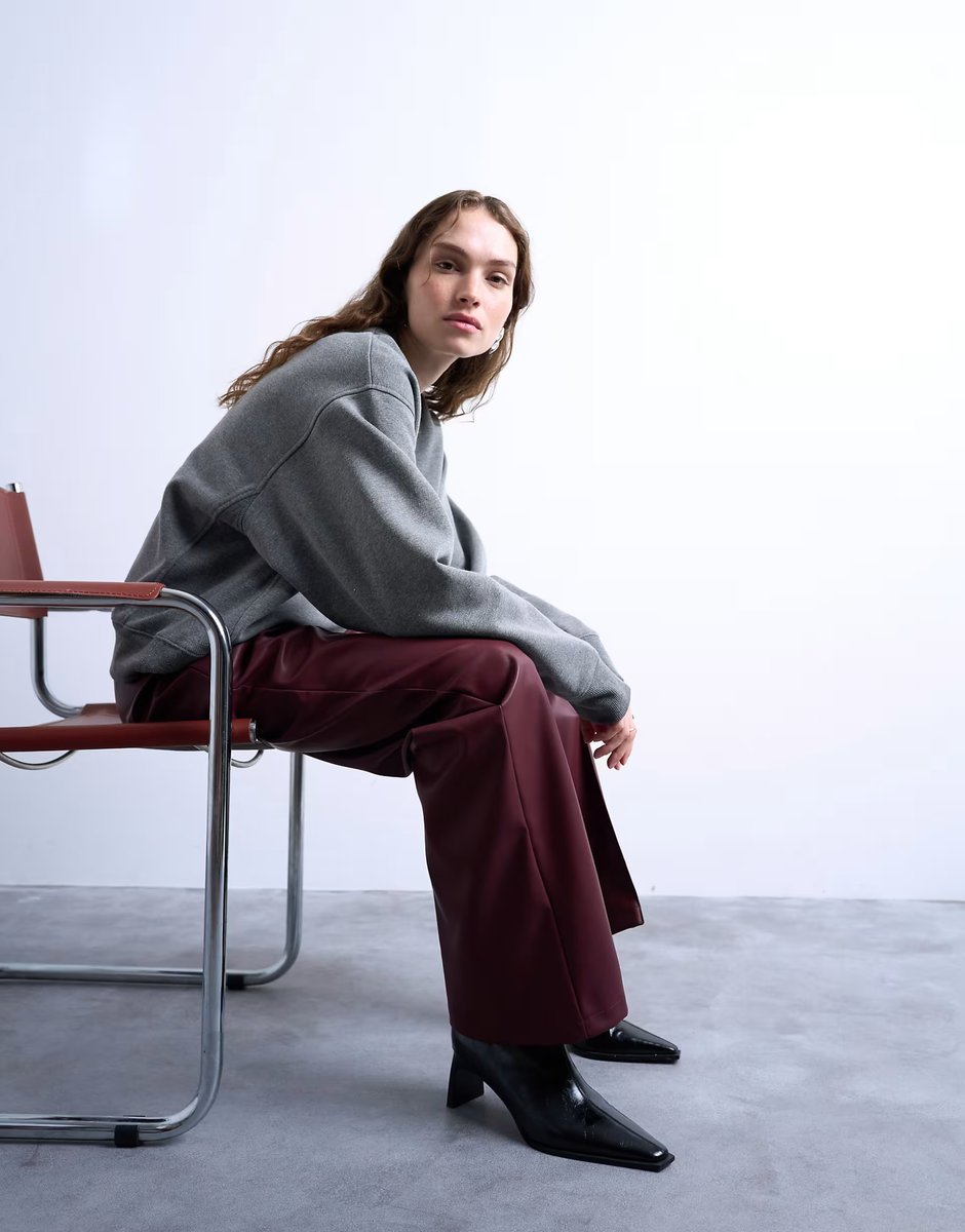 ASOS Topshop faux leather wide leg jogger with pinseam detail in burgundy - 4