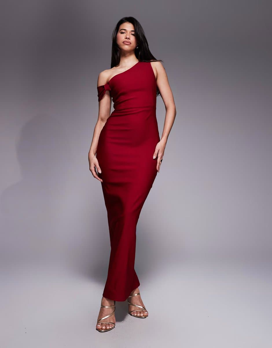 ASOS Vesper bengaline one shoulder knot detail maxi bodycon dress in wine