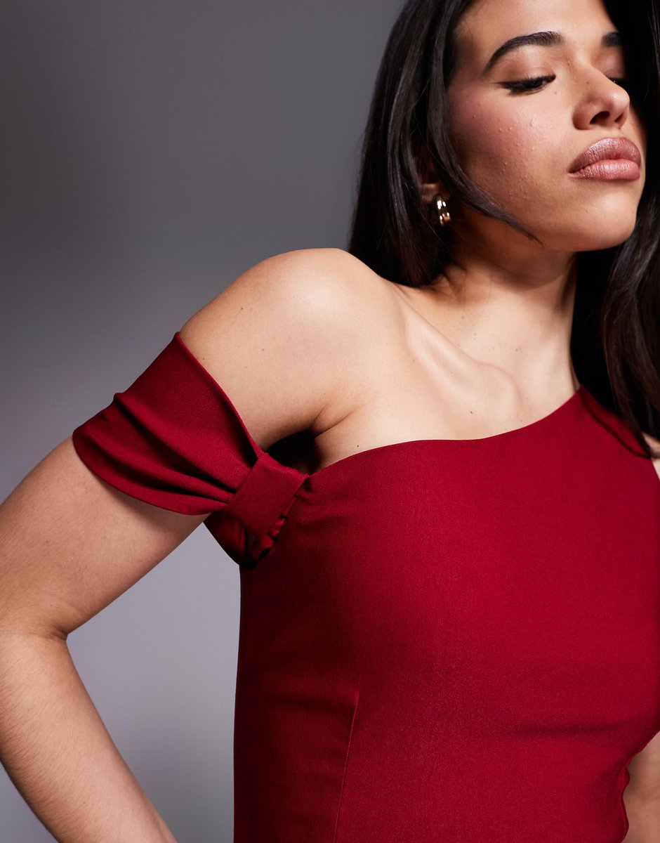 ASOS Vesper bengaline one shoulder knot detail maxi bodycon dress in wine - 3