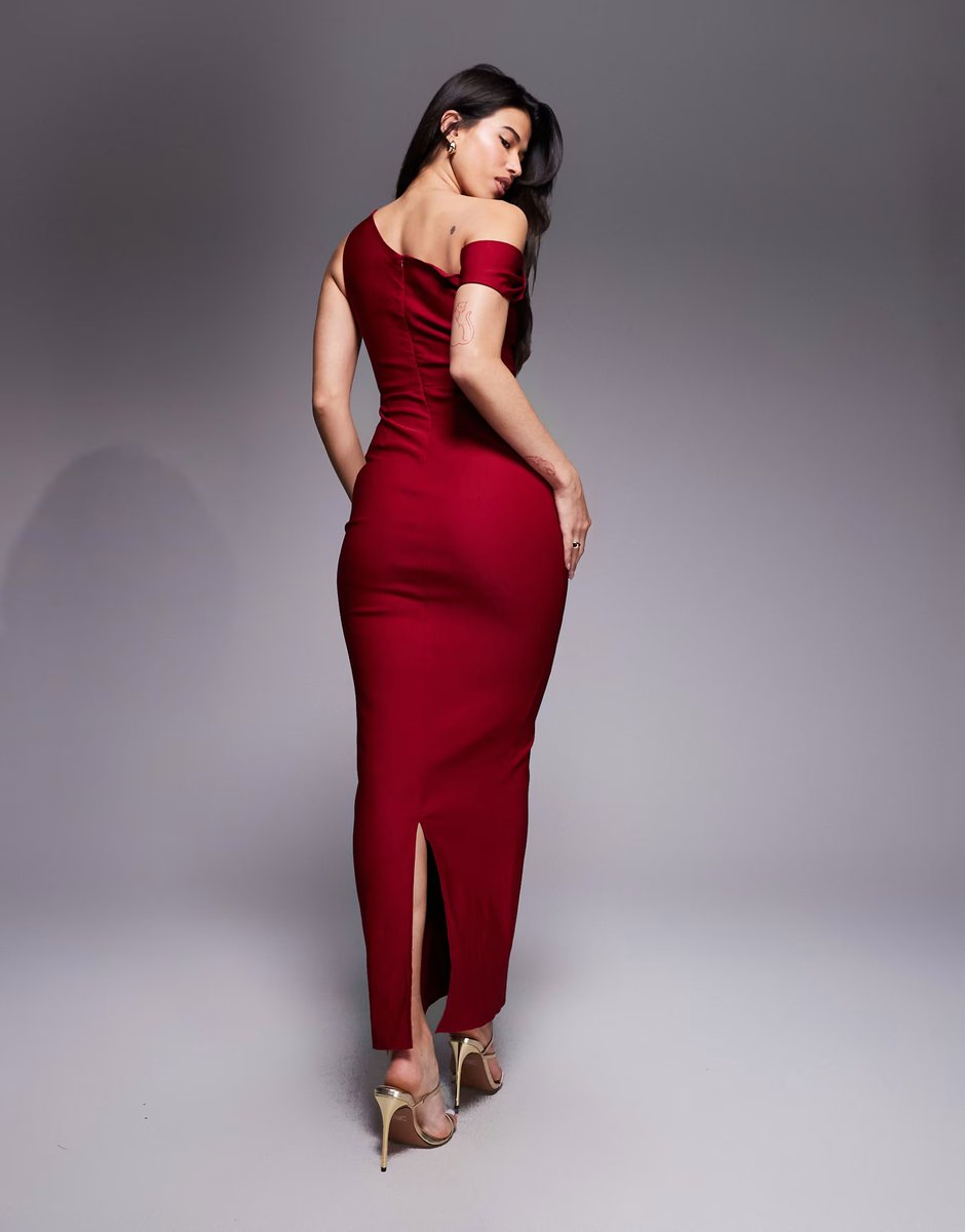 ASOS Vesper bengaline one shoulder knot detail maxi bodycon dress in wine - 4