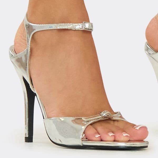 EGO Icarus Buckle Detail Ankle Strap Stiletto Heel In Silver Faux Leather, Women's Size UK 3 - 2