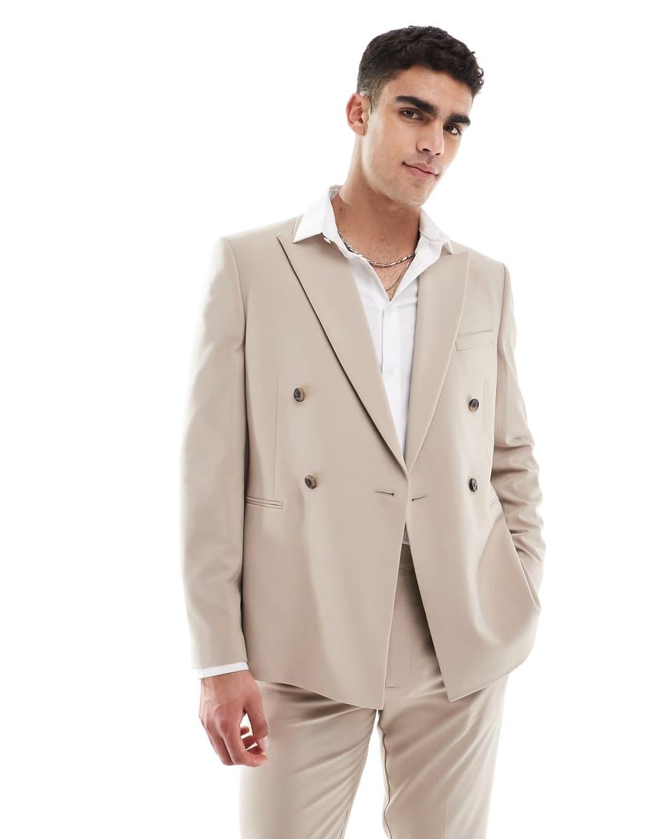 ASOS ASOS Double Breasted Slim Suit Jacket in Beige