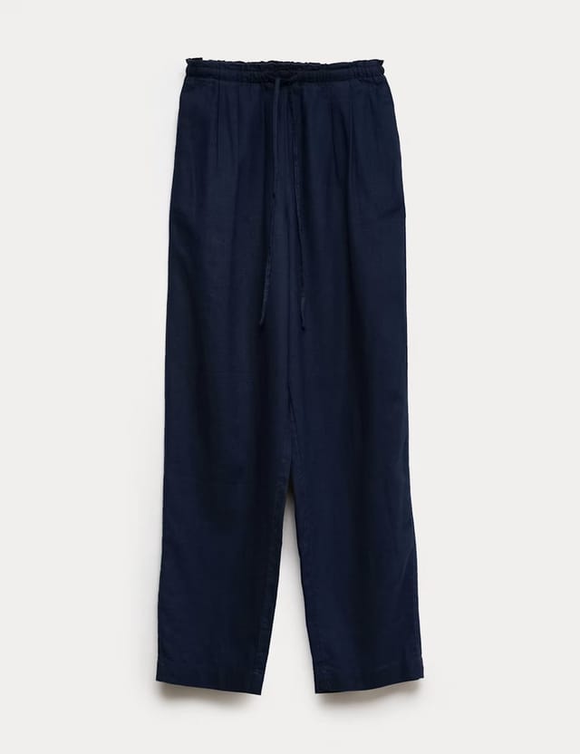 Marks & Spencer M&S Linen Rich Elasticated Waist Tapered Trousers Navy - 2