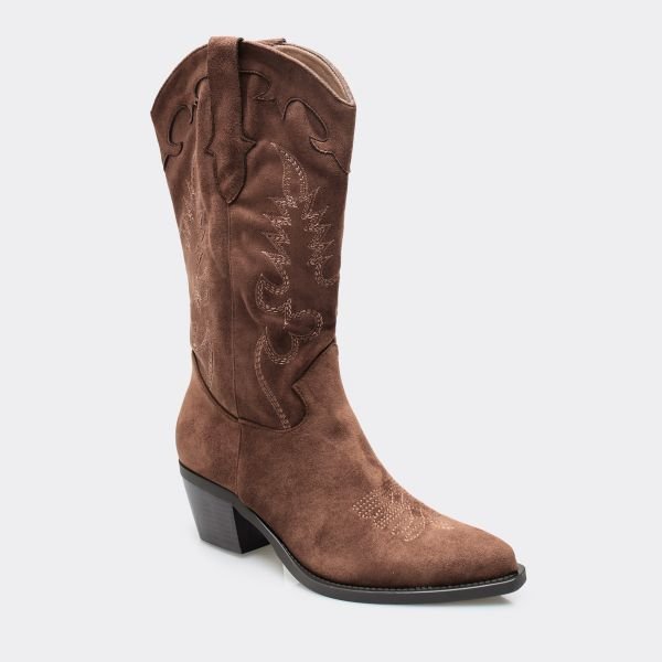 EGO Southern Embroidered Detail Mid Calf Western Cowboy Boot In Tan Brown Faux Suede, Women's Size UK 3 - 2