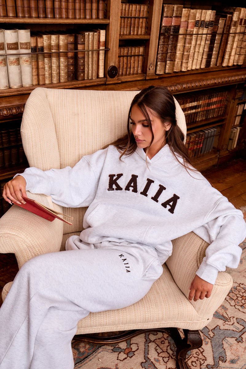 Kaiia Kaiia Slogan Oversized Hoodie Light Grey Marl & Brown - 1
