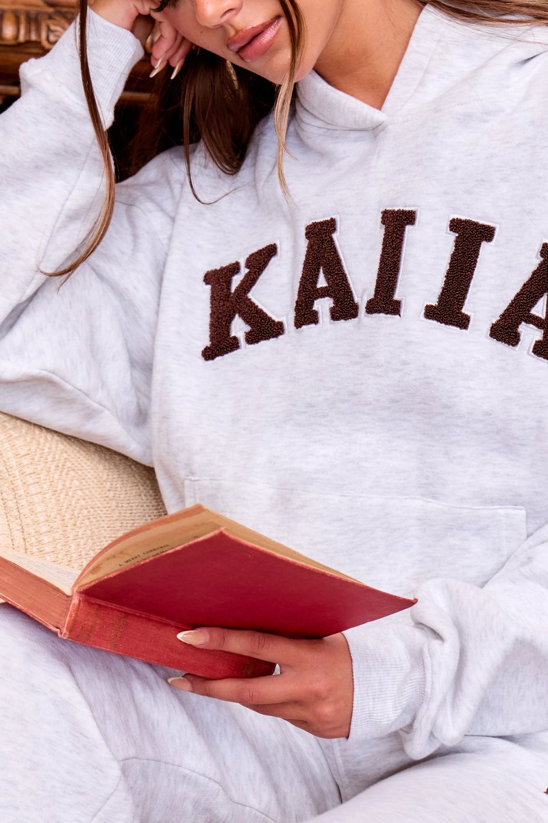 Kaiia Kaiia Slogan Oversized Hoodie Light Grey Marl & Brown - 2
