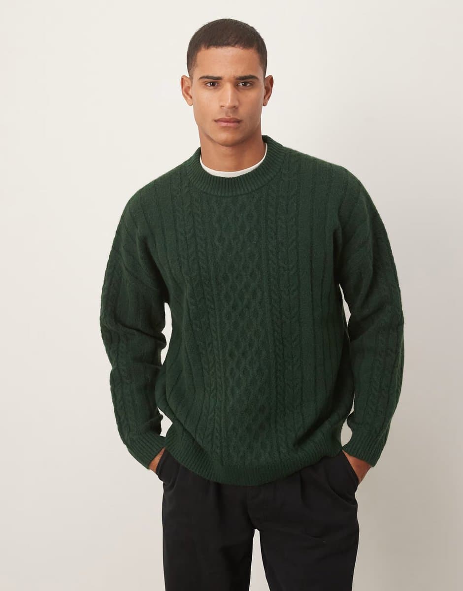 ASOS ASOS DESIGN oversized knitted cable crew neck jumper in dark green