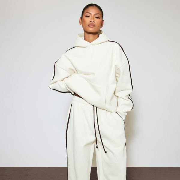 EGO Heavyweight Contrast Stripe Oversized Hoodie In Cream, Women's Size UK 6
