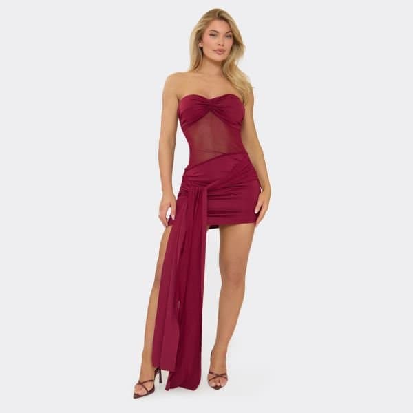 EGO Bandeau Twist Front Drape Detail Mini Dress In Burgundy, Women's Size UK Large L