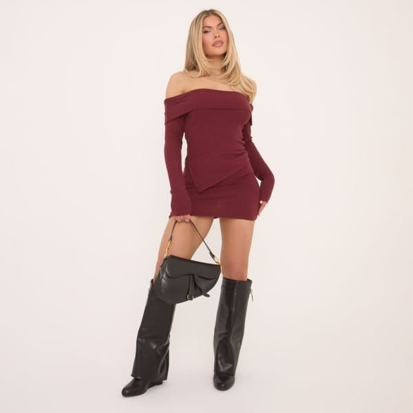 EGO Fold Over Waistband Mini Bodycon Skirt In Burgundy Soft Ribbed, Women's Size UK 6 - 1