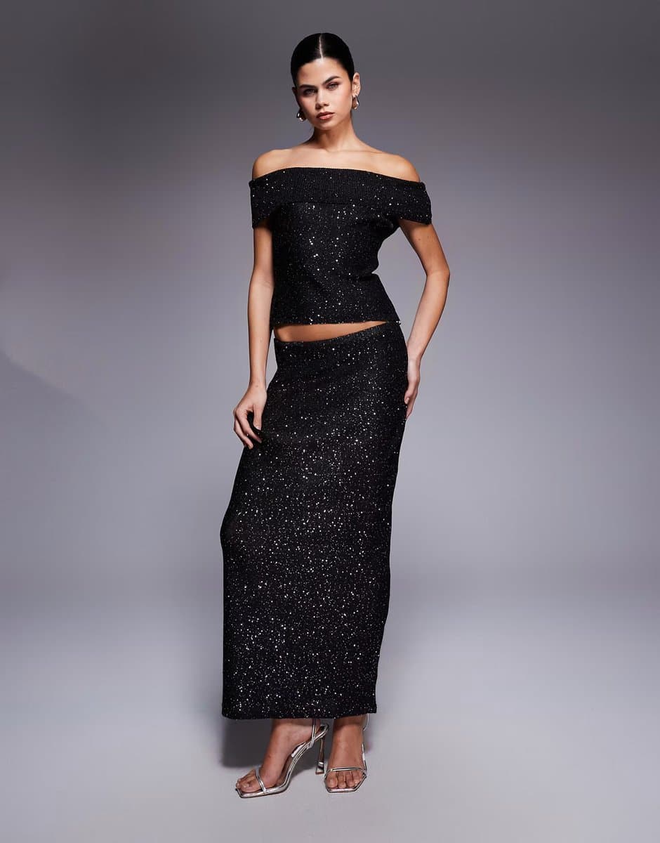 ASOS Kaiia exclusive off shoulder sequin knit maxi skirt co-ord in black