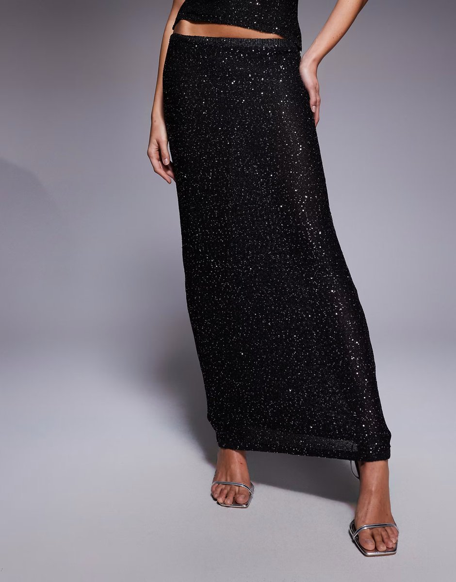 ASOS Kaiia exclusive off shoulder sequin knit maxi skirt co-ord in black - 2