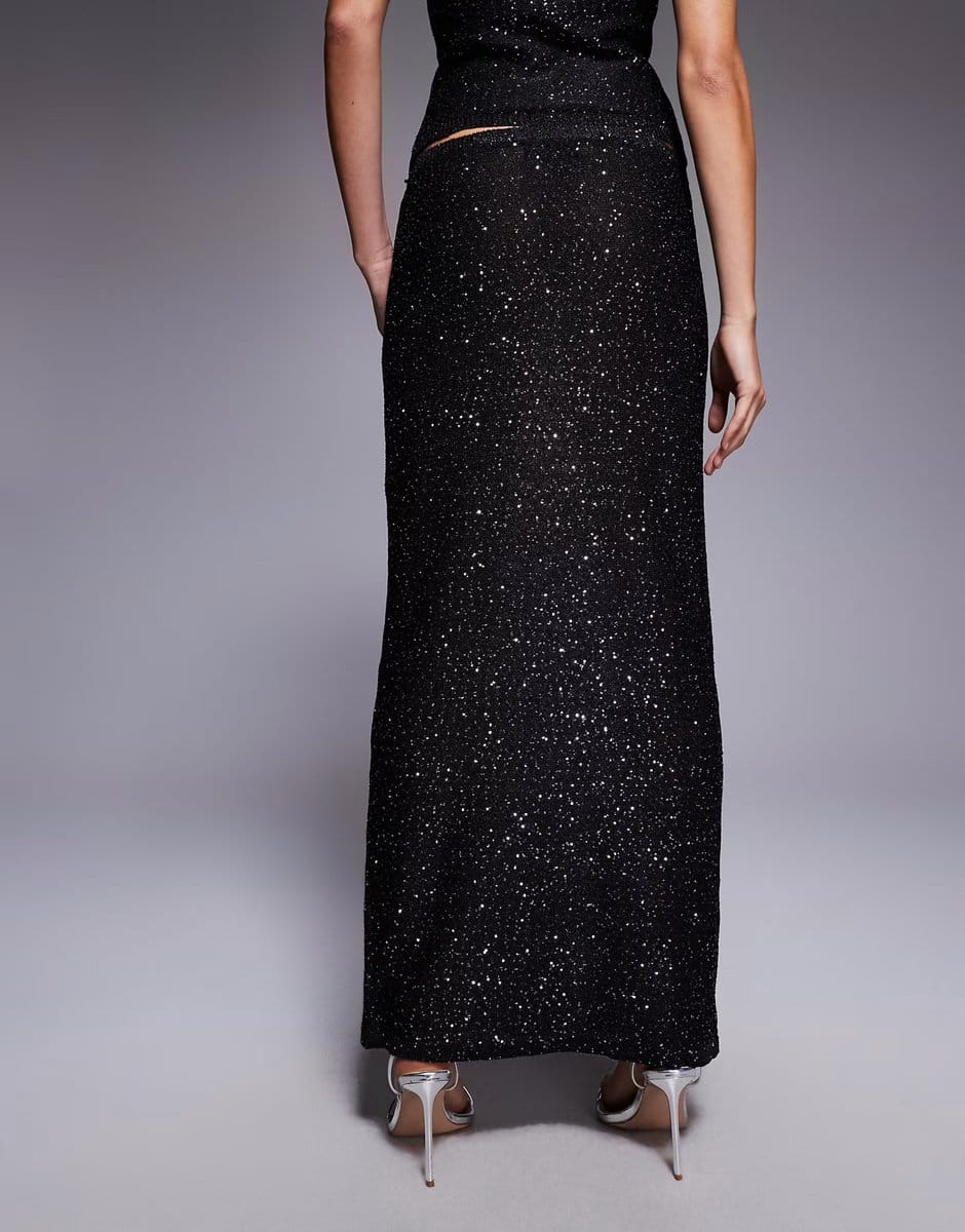 ASOS Kaiia exclusive off shoulder sequin knit maxi skirt co-ord in black - 4