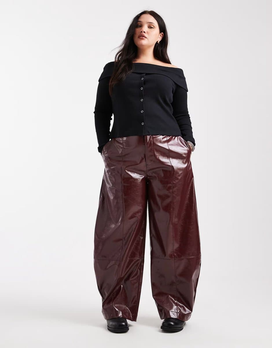 ASOS ASOS Faux Leather Barrel Leg Trousers in Burgundy
