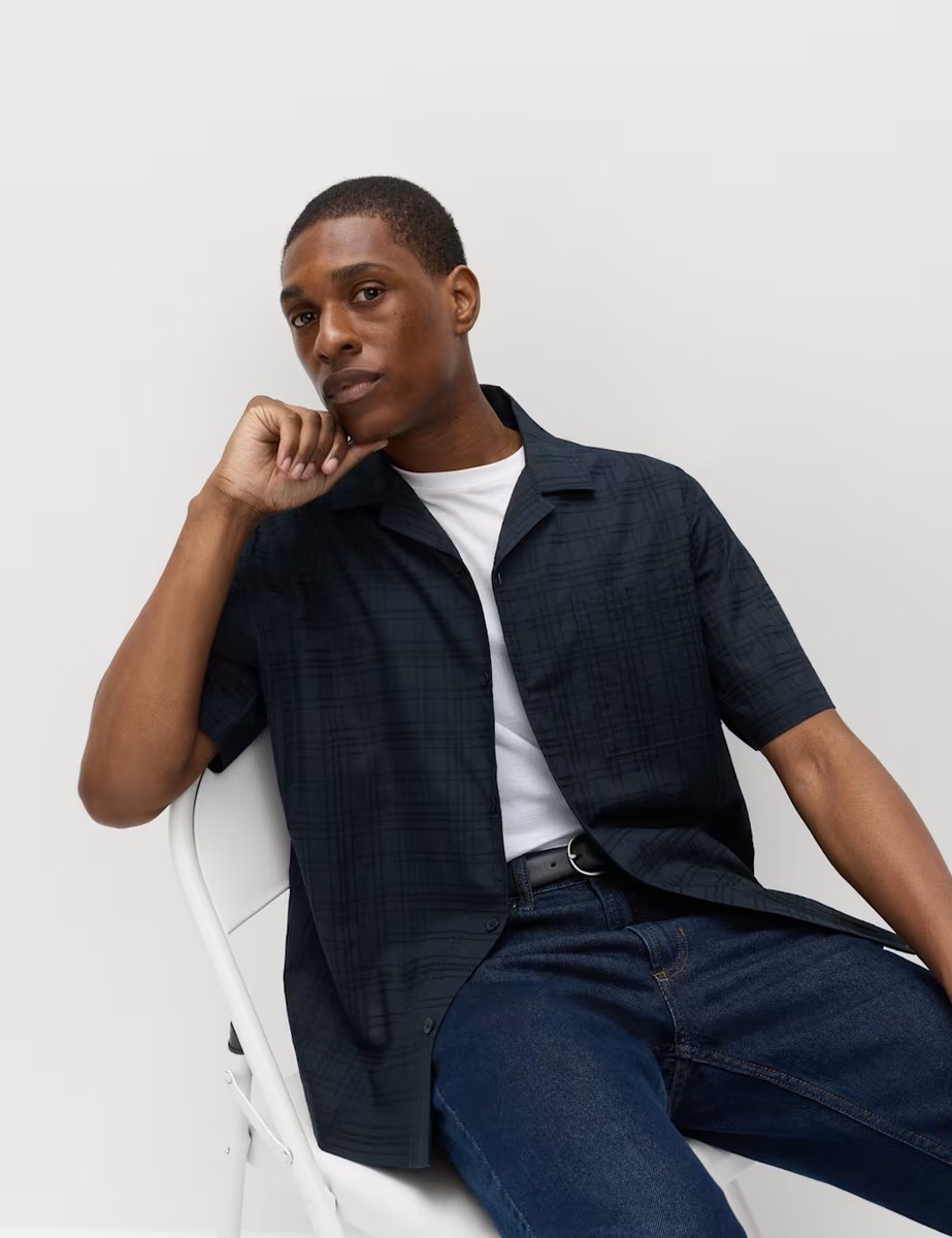 Marks & Spencer M&S Regular Fit Pure Cotton Short Sleeve Shirt Dark Navy - 2