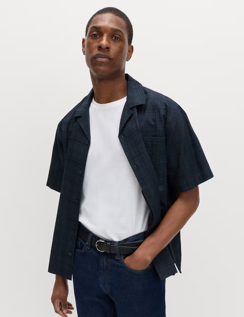 Marks & Spencer M&S Regular Fit Pure Cotton Short Sleeve Shirt Dark Navy - 4