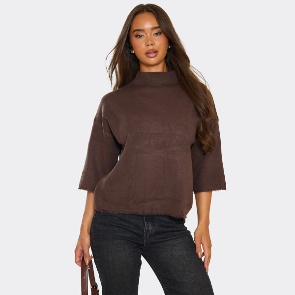 EGO High Neck Batwing Frayed Hem Detail Top In Chocolate Brown Compact Knit, Women's Size UK Medium/Large M/L - 1