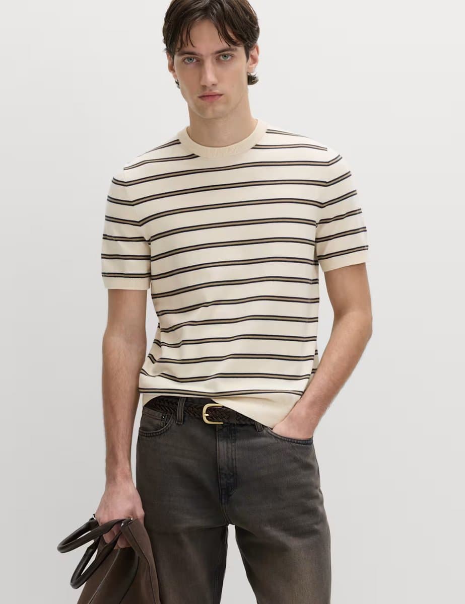 Marks & Spencer M&S Cotton Rich Striped Knitted T-Shirt Ecru Mix