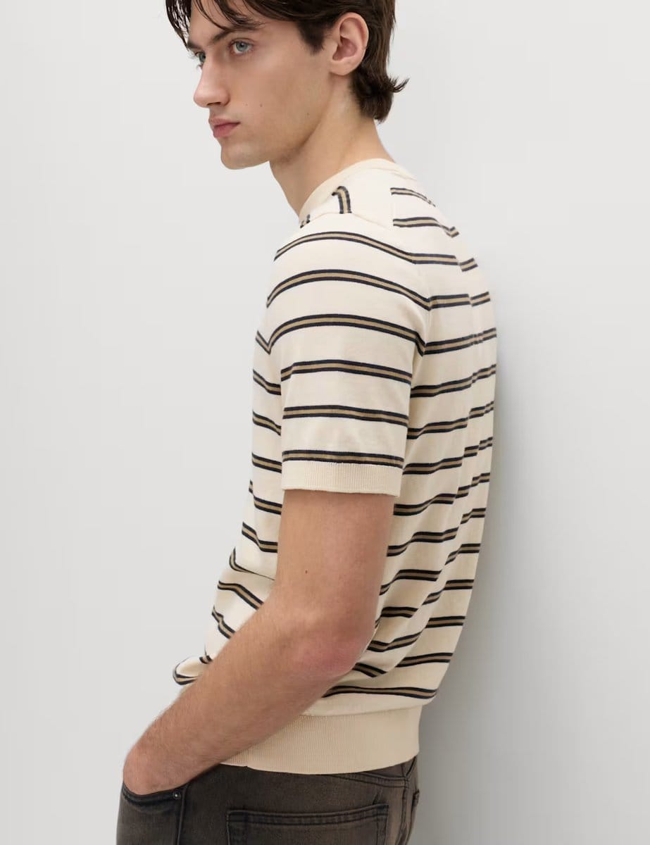 Marks & Spencer M&S Cotton Rich Striped Knitted T-Shirt Ecru Mix - 4