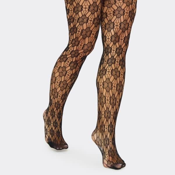 EGO EGO Black Fishnet Tights with Floral Detail