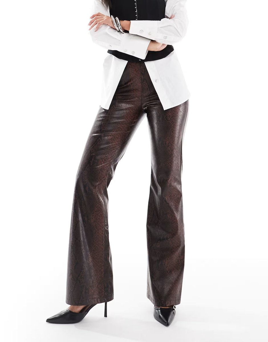 ASOS ASOS DESIGN tailored faux leather clean flare trousers in brown snake - 3