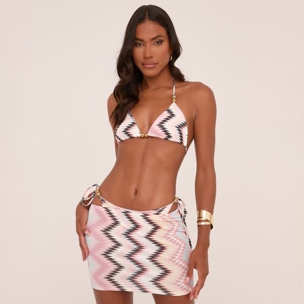EGO Low Rise Mini Beach Skirt In Pink Zig Zag Print, Women's Size UK 6 - 1